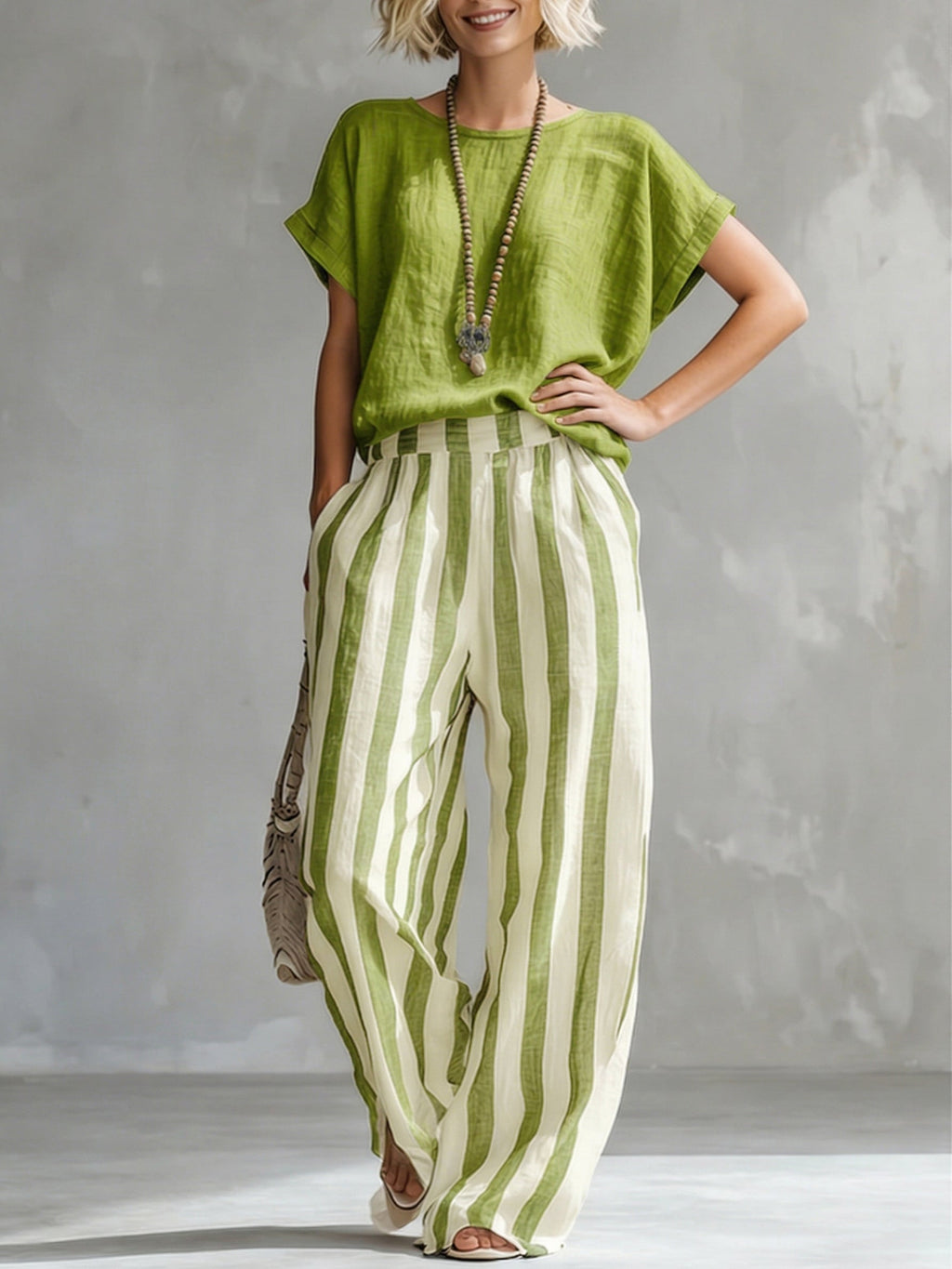 Women's Striped Cotton Linen Two-Piece Set – Loose Fit Lounge Outfit