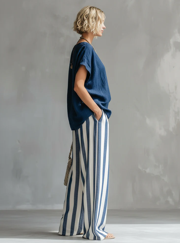 Women's Striped Cotton Linen Two-Piece Set – Loose Fit Lounge Outfit