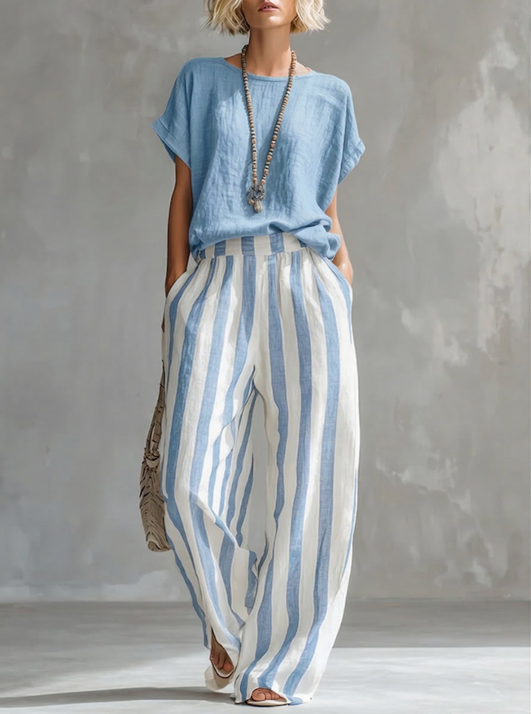 Women's Striped Cotton Linen Two-Piece Set – Loose Fit Lounge Outfit