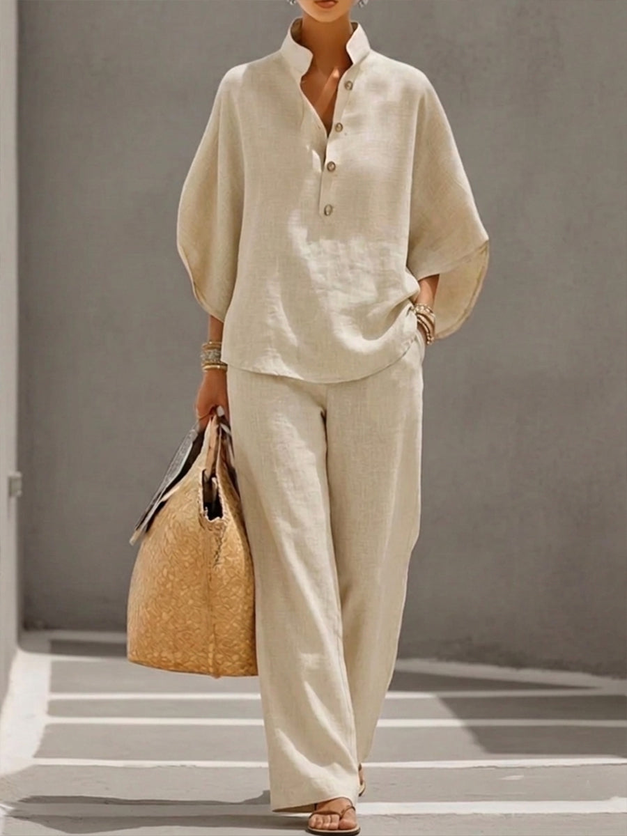 Women's Batwing Sleeve Linen Blend Two-Piece Set – Relaxed Shirt and Trousers Outfit