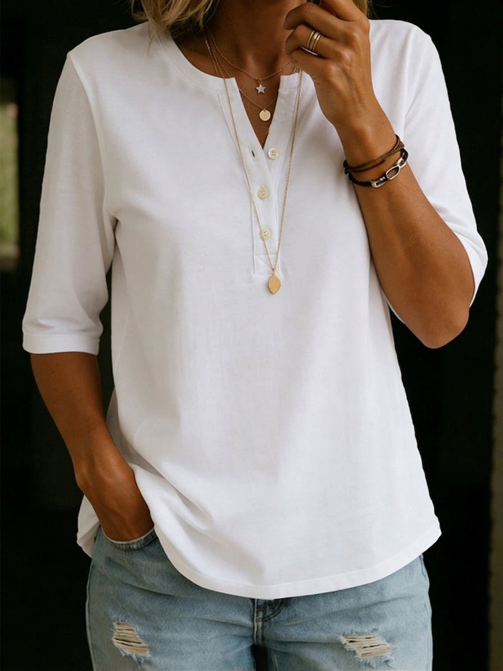 Women's Henley T-Shirt – 100% Cotton Casual Short Sleeve Top