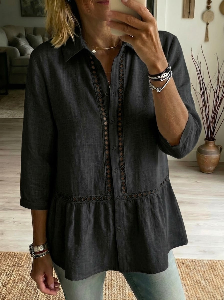 Women's Linen Blend Patchwork Shirt – Openwork Casual Summer Blouse