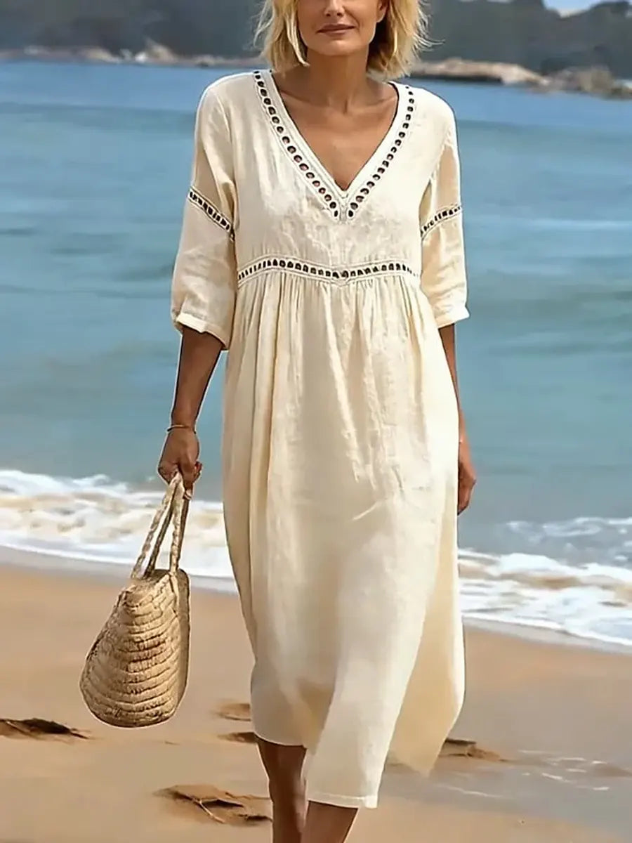 Women's Retro Casual Cotton Dress – Stylish Solid Color Vacation Dress