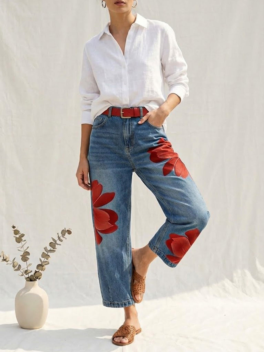 Women's Floral Wide Leg Trousers - Bold Casual Statement Style