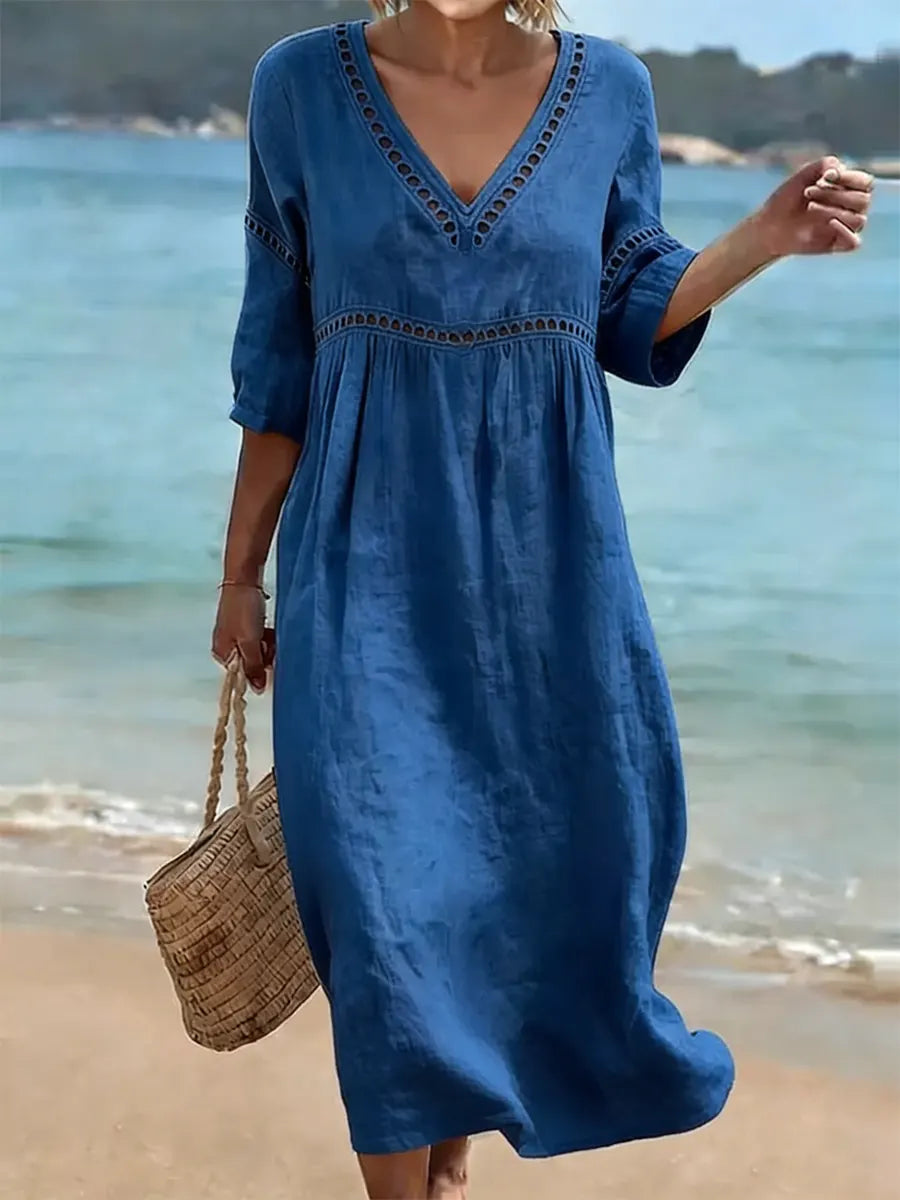Women's Retro Casual Cotton Dress – Stylish Solid Color Vacation Dress