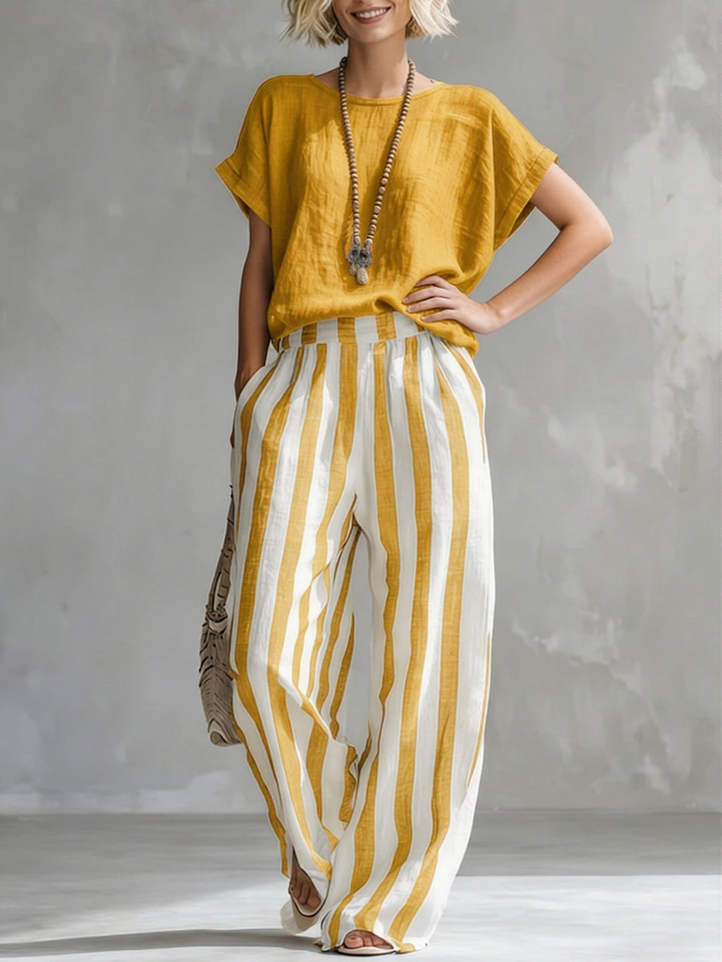 Women's Striped Cotton Linen Two-Piece Set – Loose Fit Lounge Outfit