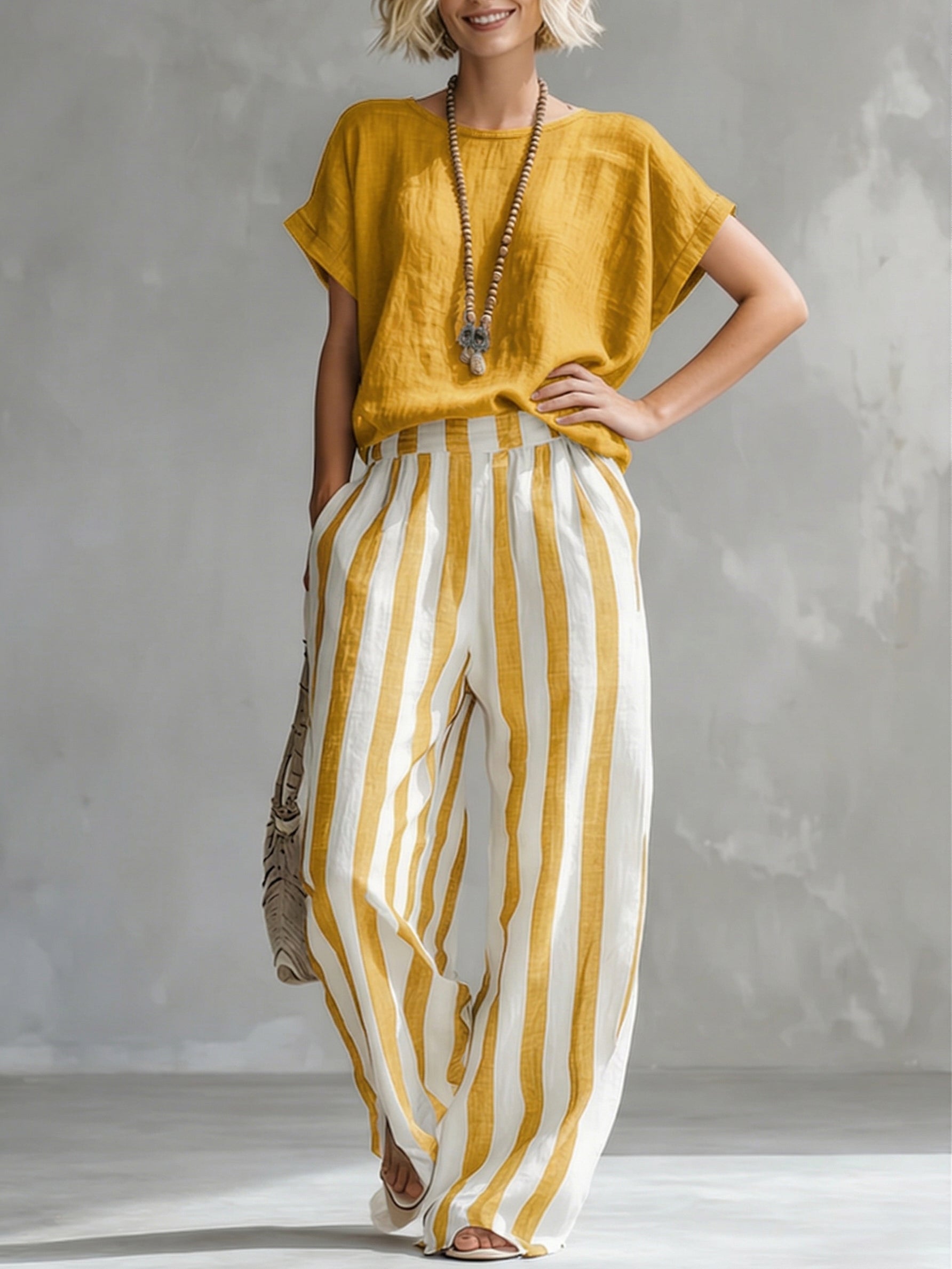 Women's Striped Cotton Linen Two-Piece Set – Loose Fit Lounge Outfit