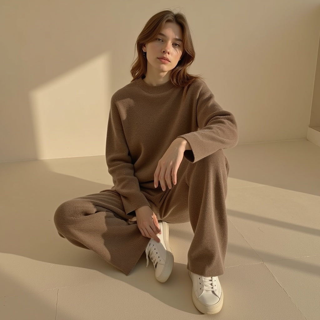 Women's Knit Sweater and Straight Pants Set – Cozy Two-Piece Loungewear Outfit for Casual Days