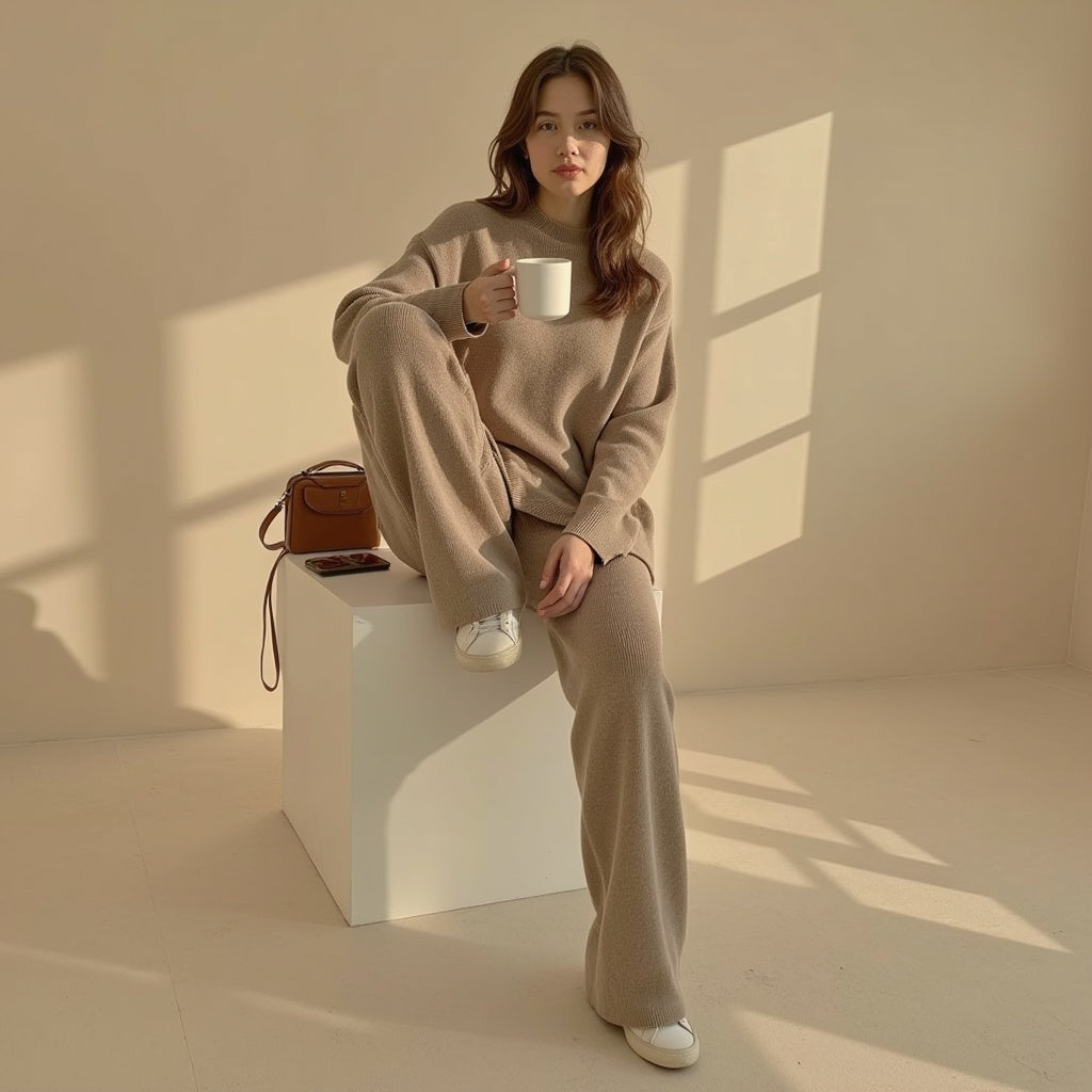 Women's Knit Sweater and Straight Pants Set – Cozy Two-Piece Loungewear Outfit for Casual Days