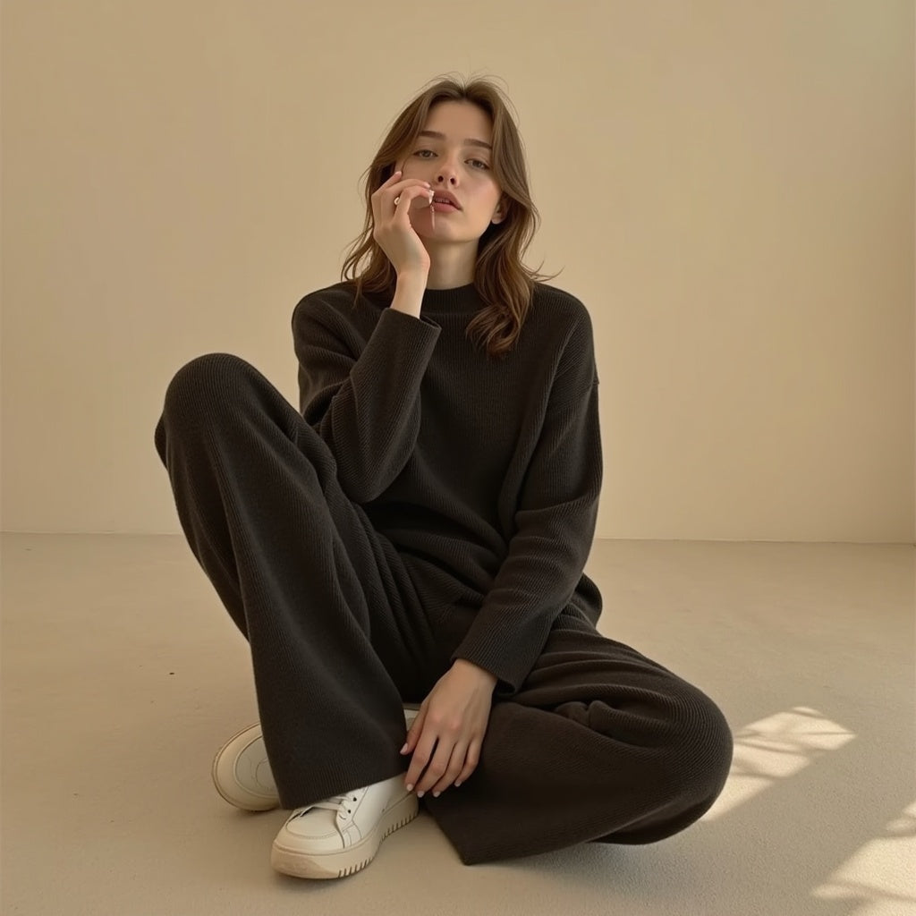 Women's Knit Sweater and Straight Pants Set – Cozy Two-Piece Loungewear Outfit for Casual Days