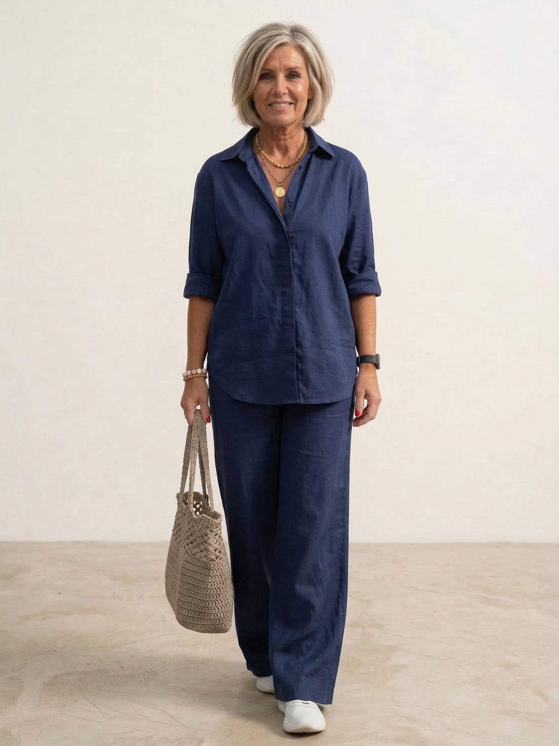 Women's Two Piece Trouser Set – Shirt and Wide Leg Pants Outfit