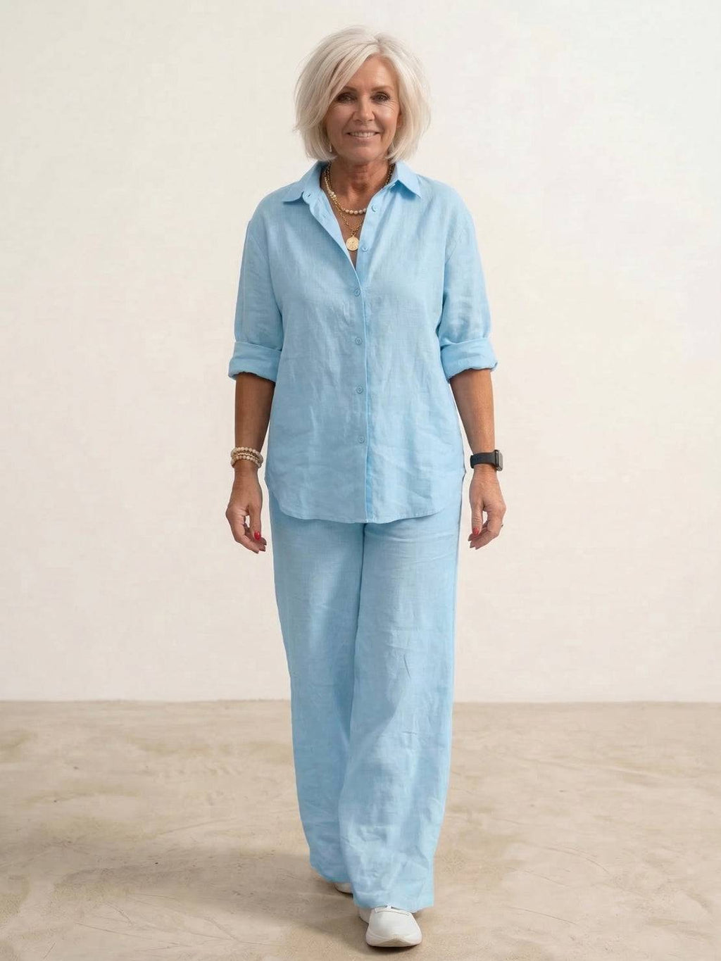 Women's Two Piece Trouser Set – Shirt and Wide Leg Pants Outfit