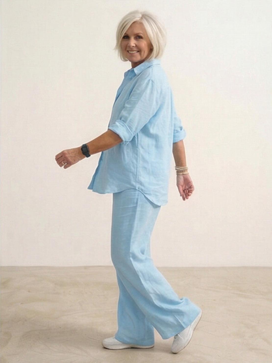 Women's Two Piece Trouser Set – Shirt and Wide Leg Pants Outfit
