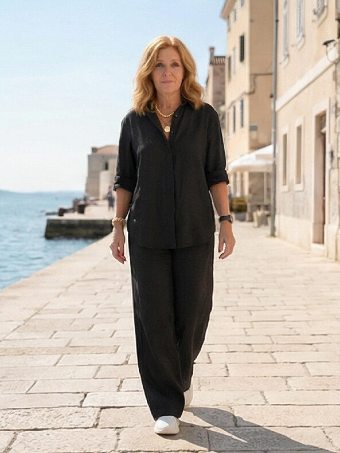 Women's Two Piece Trouser Set – Shirt and Wide Leg Pants Outfit