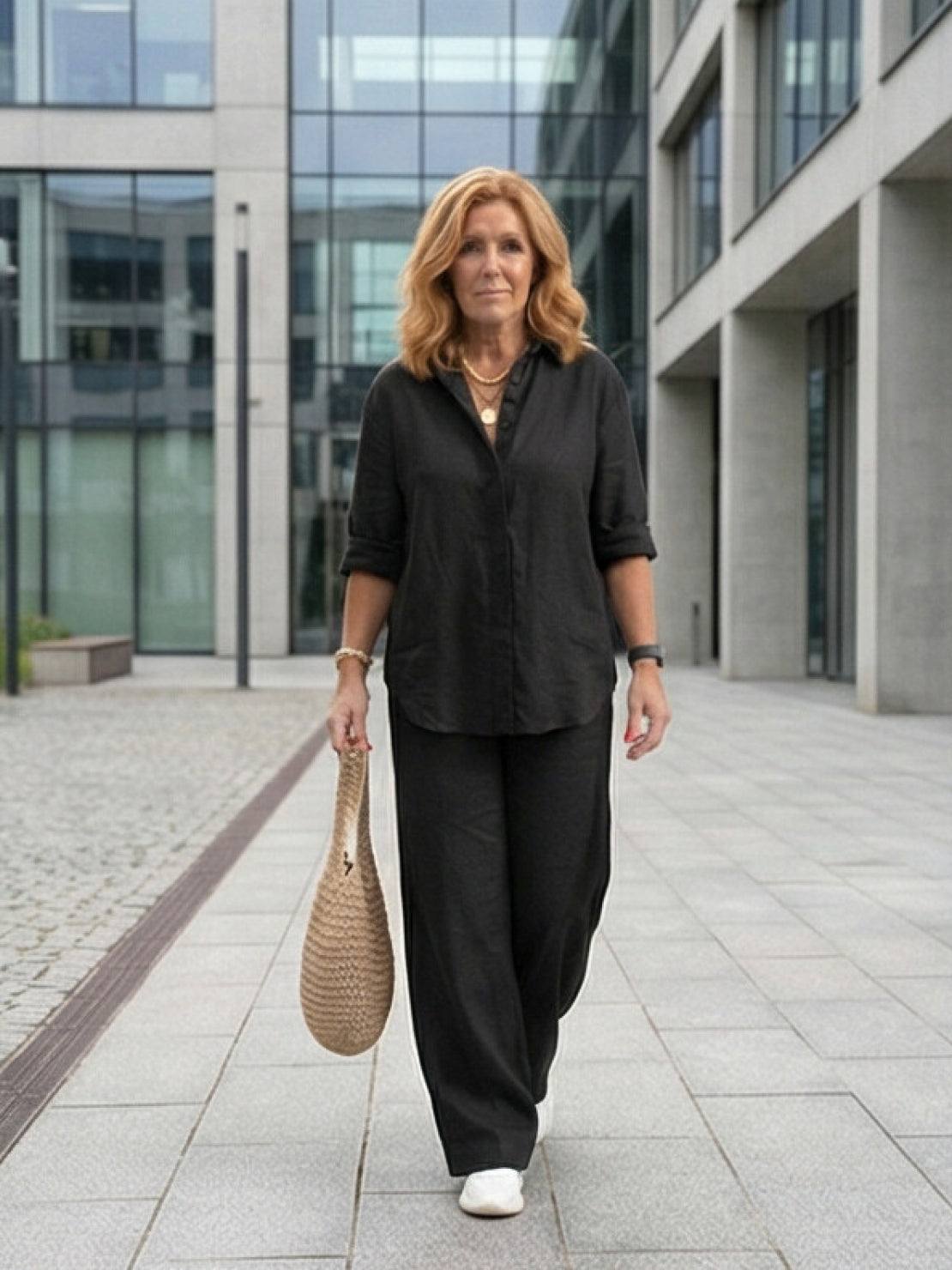 Women's Two Piece Trouser Set – Shirt and Wide Leg Pants Outfit