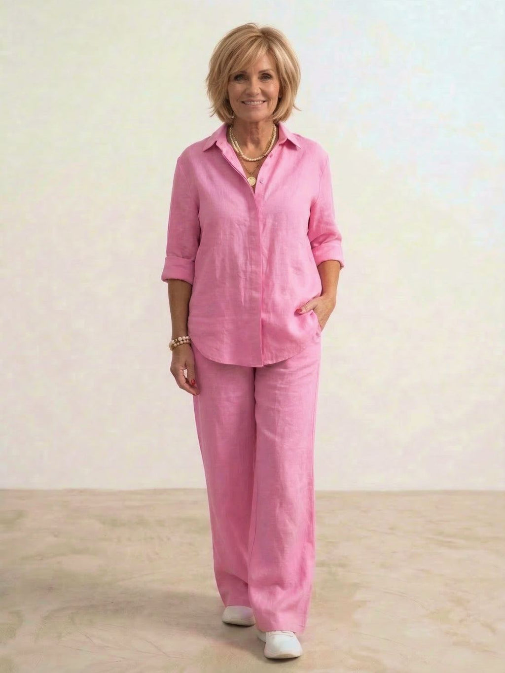 Women's Two Piece Trouser Set – Shirt and Wide Leg Pants Outfit