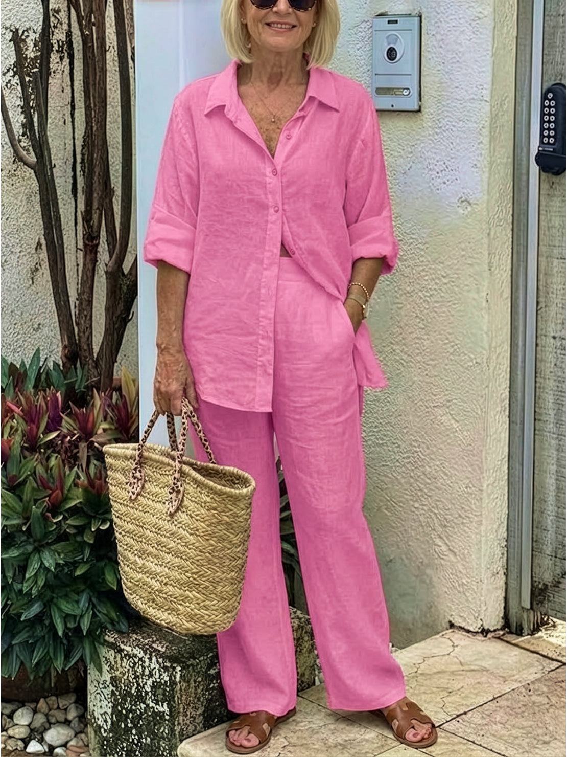 Women's Two Piece Trouser Set – Shirt and Wide Leg Pants Outfit