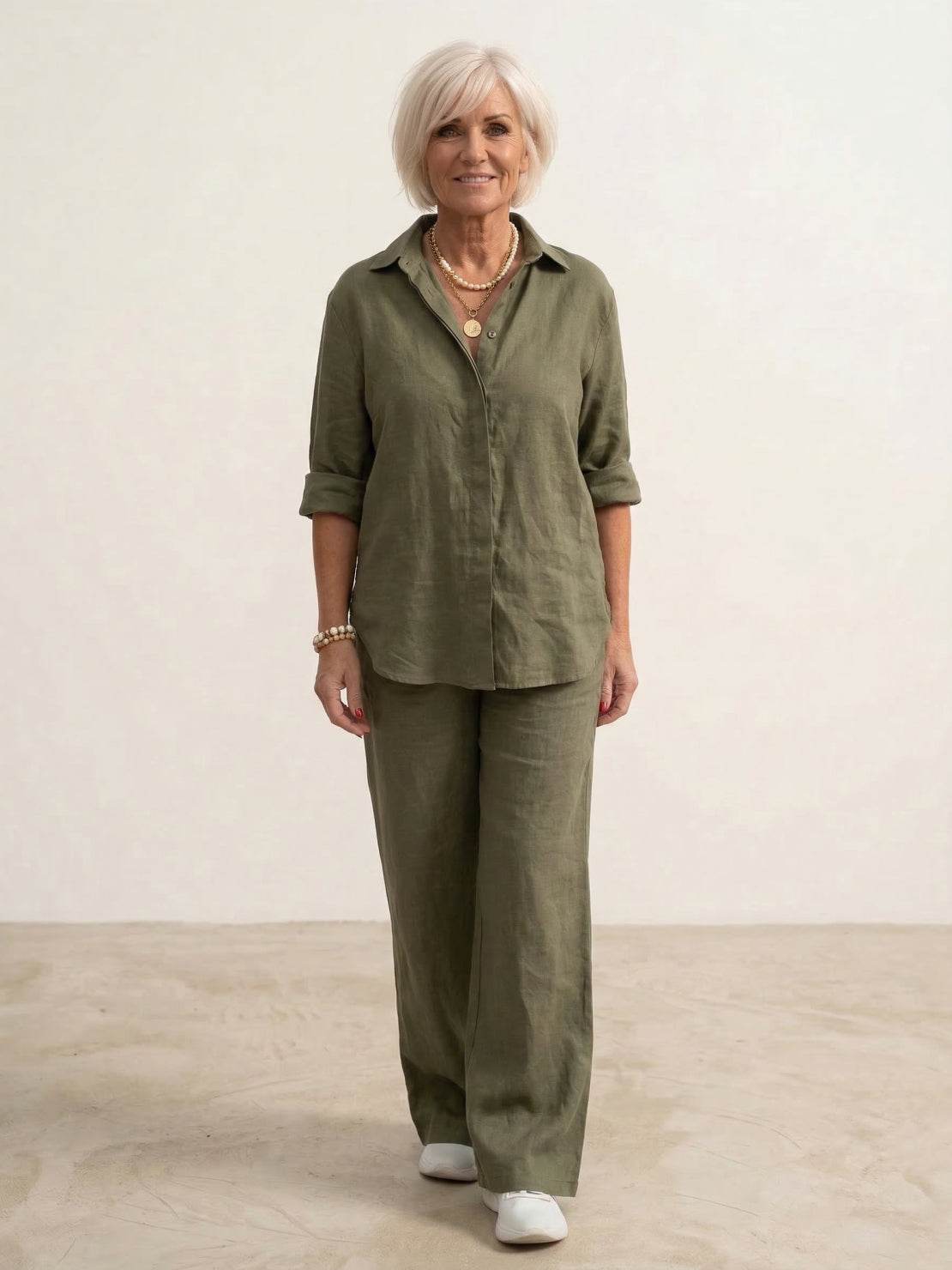 Women's Two Piece Trouser Set – Shirt and Wide Leg Pants Outfit
