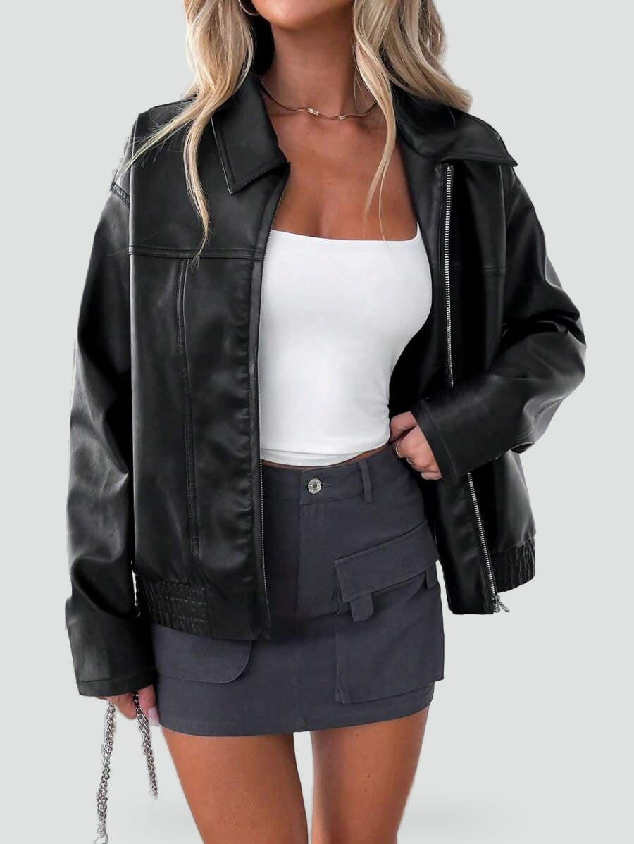 Women’s Faux Leather Jacket with Wide Collar – Oversized Elegant Outerwear
