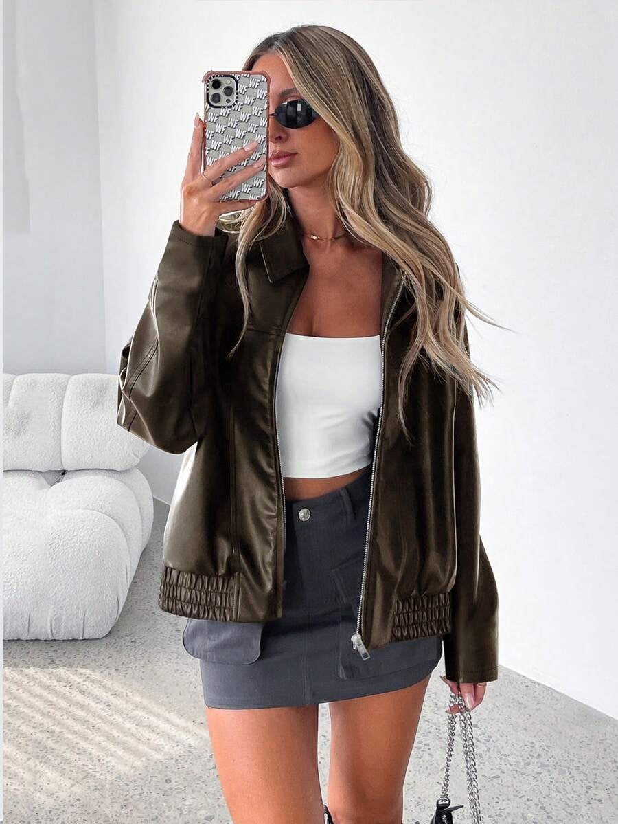 Women’s Faux Leather Jacket with Wide Collar – Oversized Elegant Outerwear