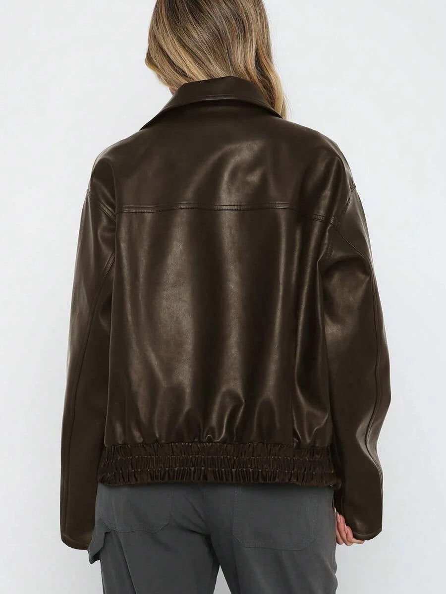 Women’s Faux Leather Jacket with Wide Collar – Oversized Elegant Outerwear