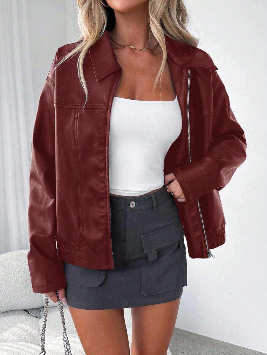 Women’s Faux Leather Jacket with Wide Collar – Oversized Elegant Outerwear