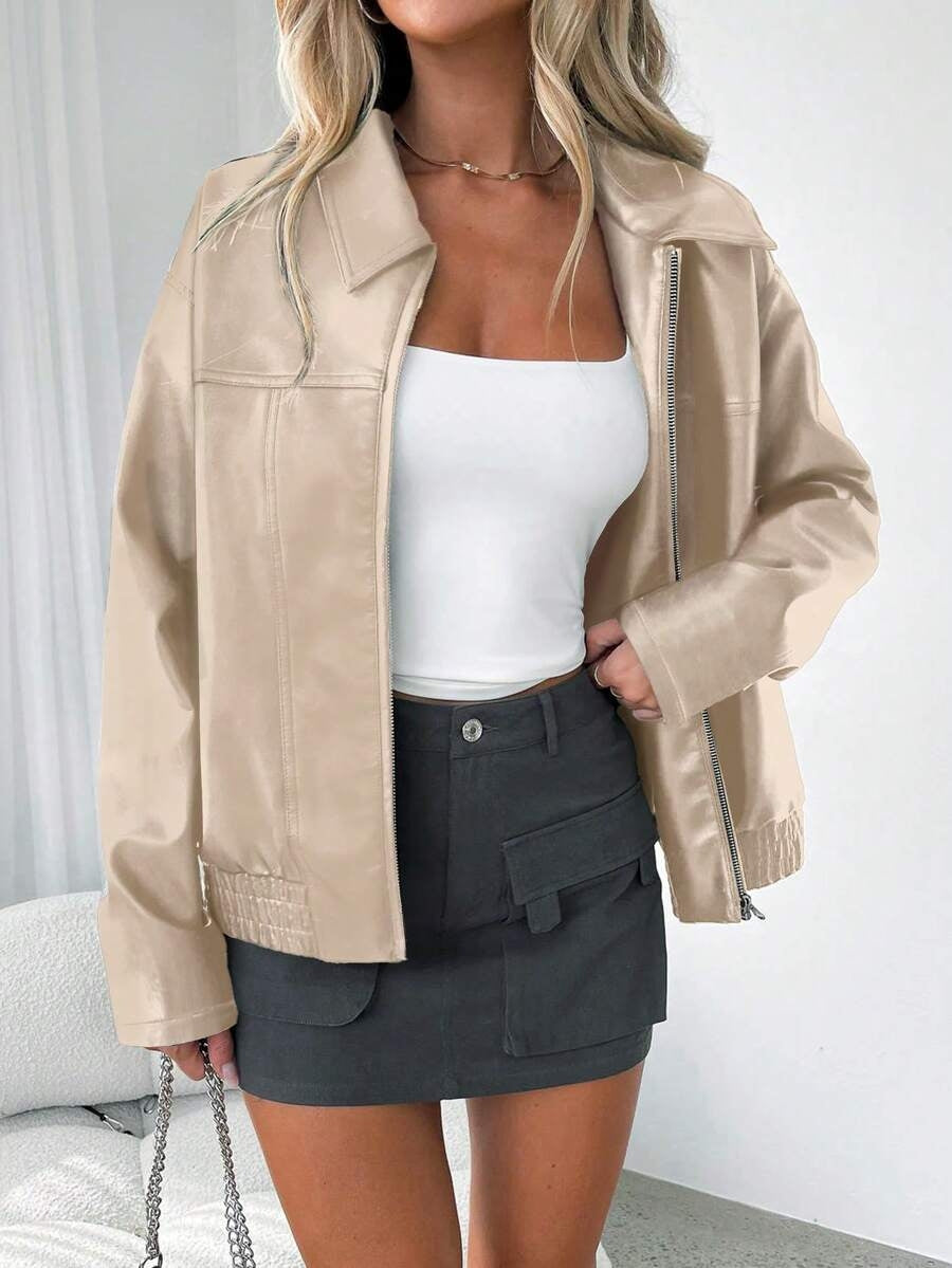 Women’s Faux Leather Jacket with Wide Collar – Oversized Elegant Outerwear