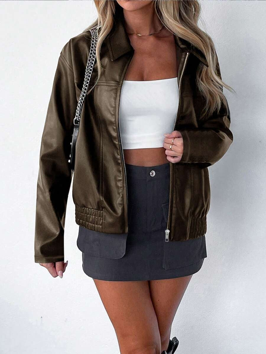 Women’s Faux Leather Jacket with Wide Collar – Oversized Elegant Outerwear