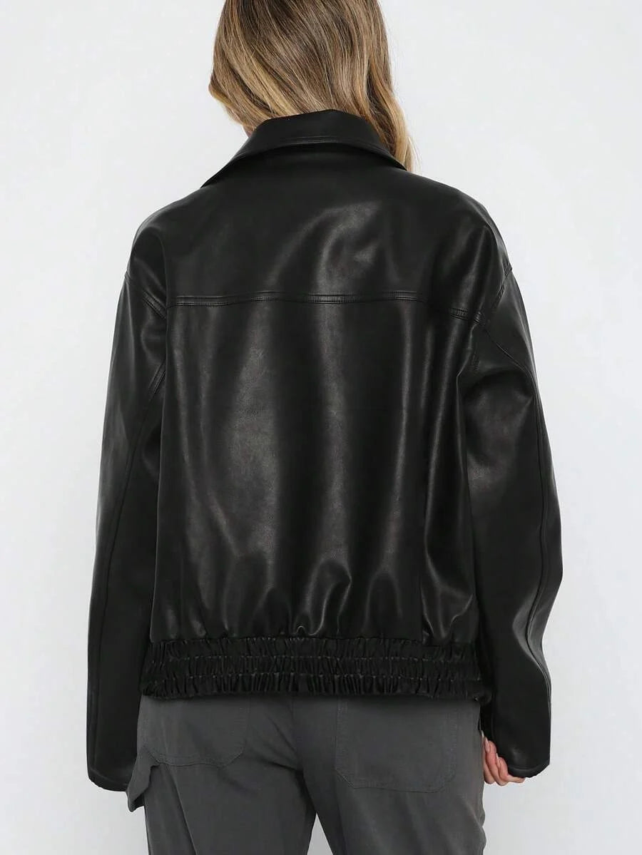 Women’s Faux Leather Jacket with Wide Collar – Oversized Elegant Outerwear