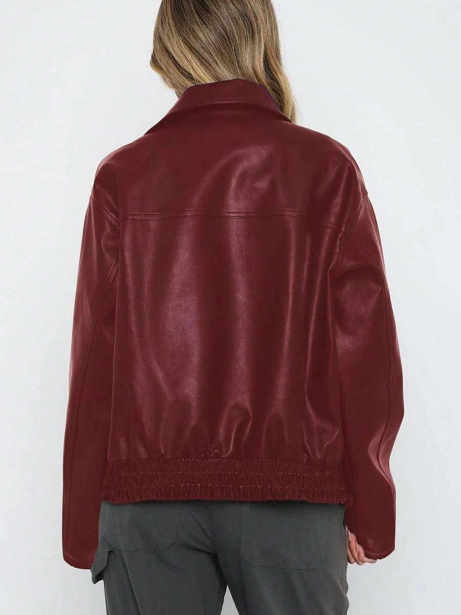 Women’s Faux Leather Jacket with Wide Collar – Oversized Elegant Outerwear