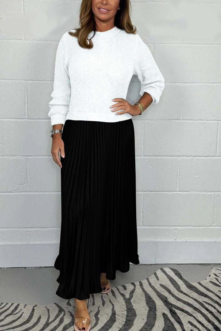 Women's Knit Sweater and Pleated Satin Skirt Set - Cozy Elegant Two-Piece Outfit