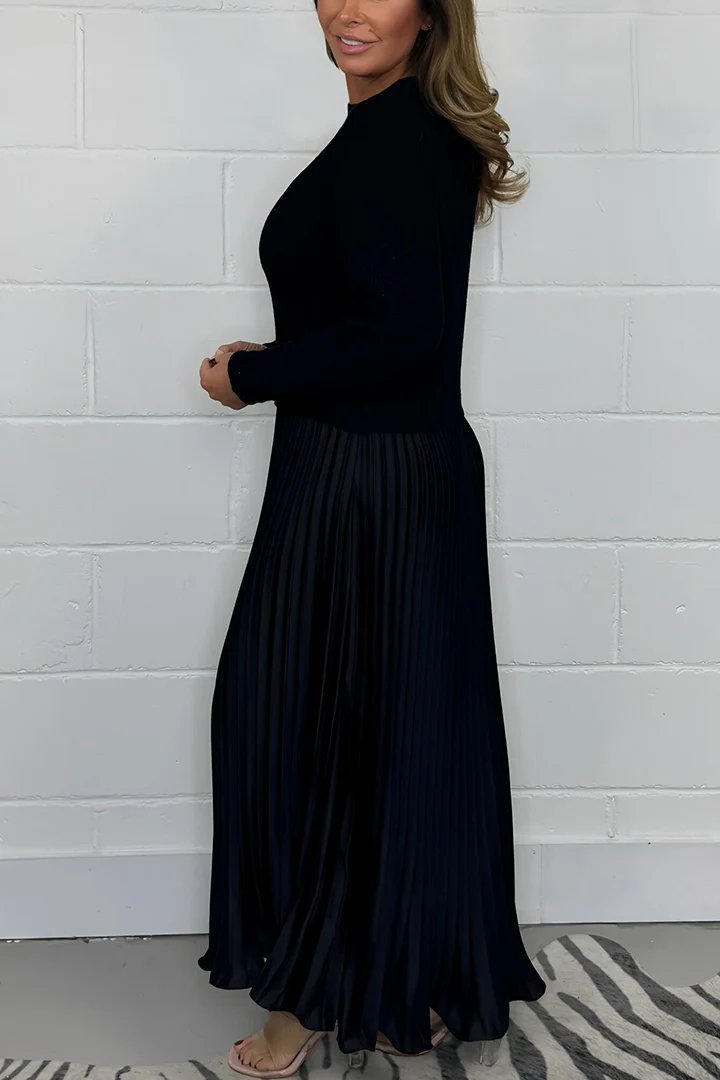 Women's Knit Sweater and Pleated Satin Skirt Set - Cozy Elegant Two-Piece Outfit