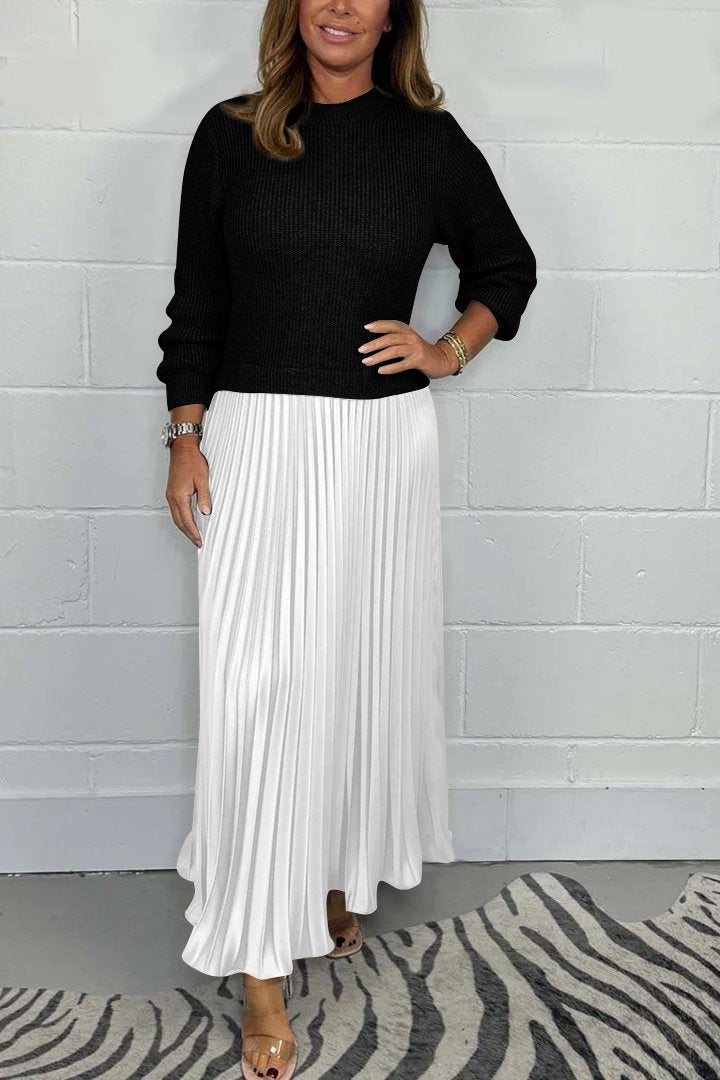 Women's Knit Sweater and Pleated Satin Skirt Set - Cozy Elegant Two-Piece Outfit