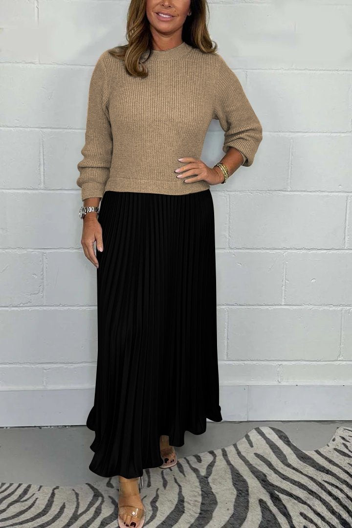 Women's Knit Sweater and Pleated Satin Skirt Set - Cozy Elegant Two-Piece Outfit