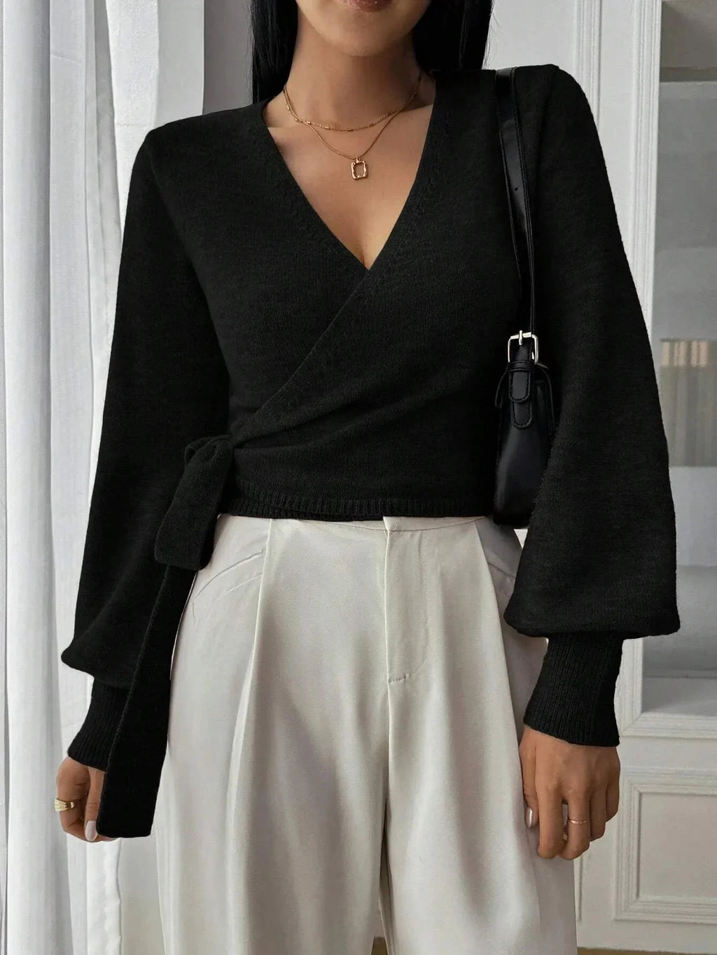 Women’s Elegant Wrap Sweater – Chic Modern Style with Puff Sleeves