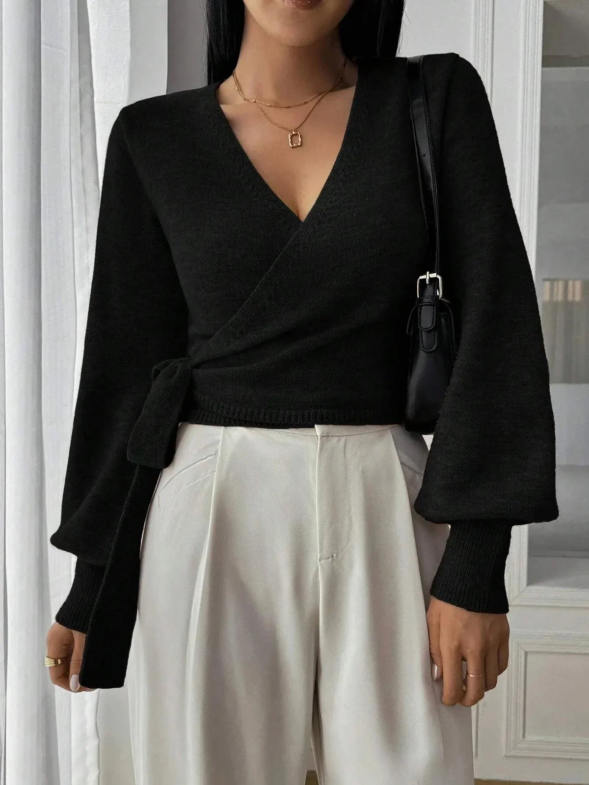 Women’s Elegant Wrap Sweater – Chic Modern Style with Puff Sleeves