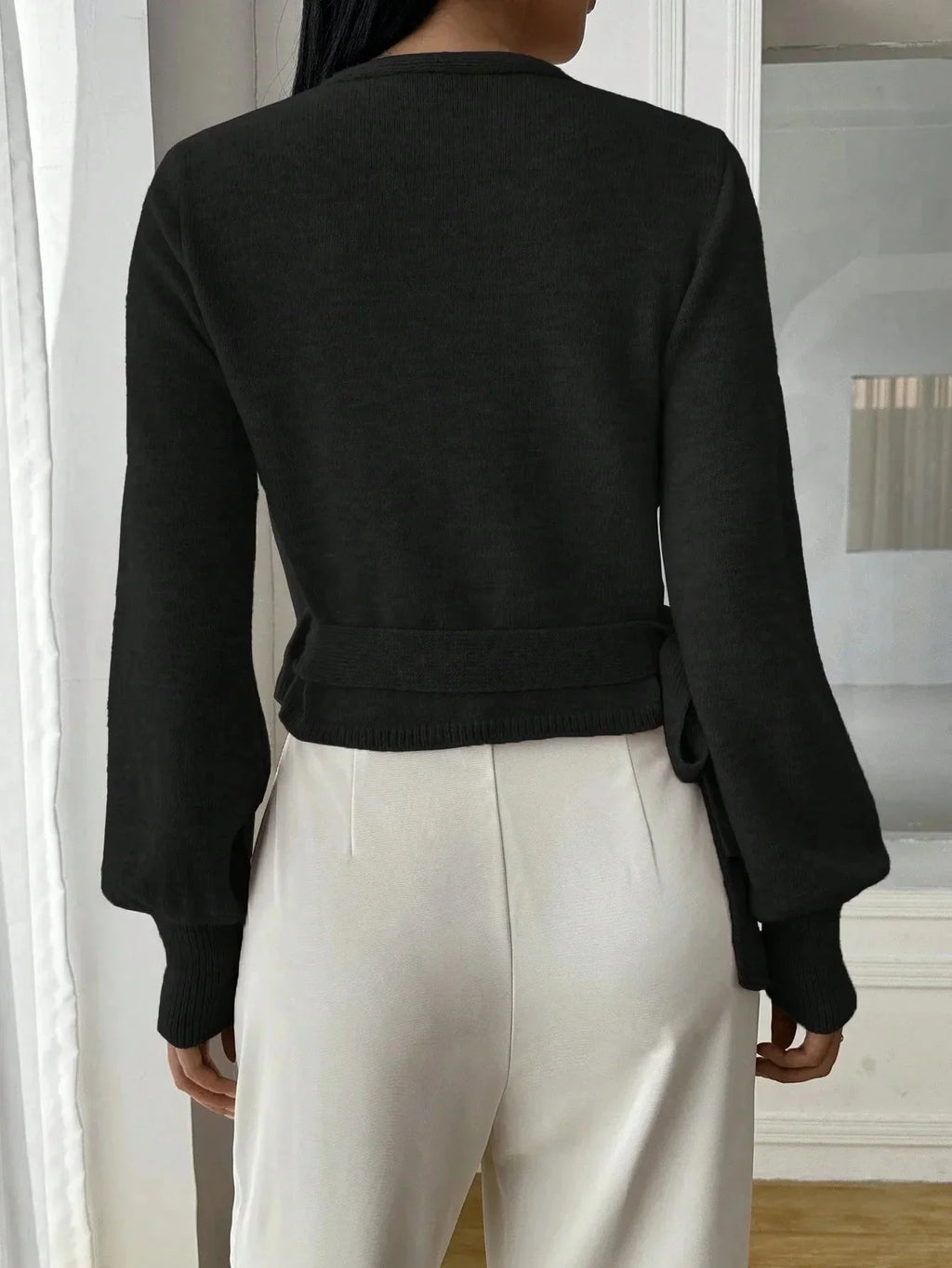 Women’s Elegant Wrap Sweater – Chic Modern Style with Puff Sleeves