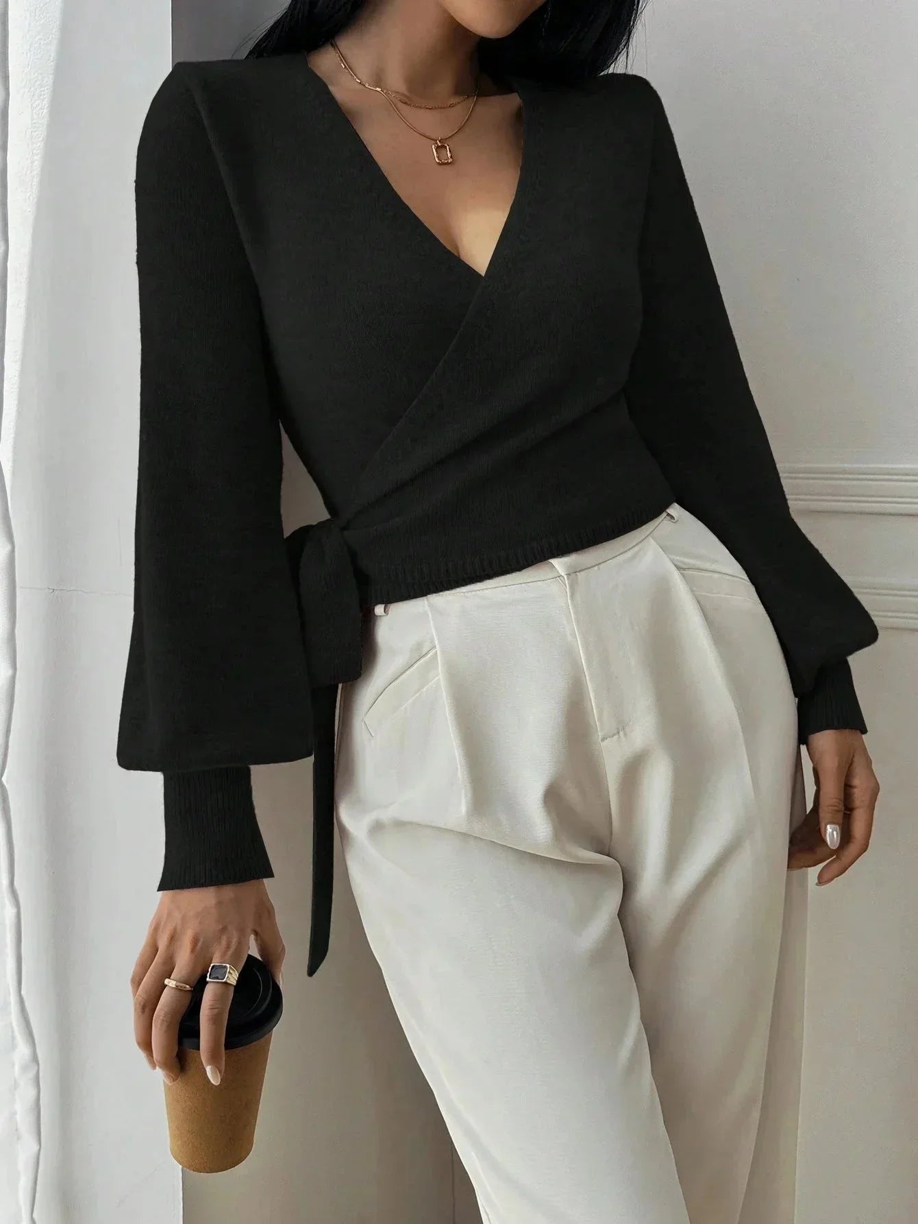 Women’s Elegant Wrap Sweater – Chic Modern Style with Puff Sleeves