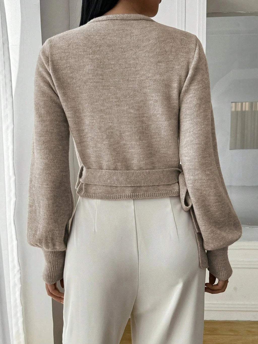 Women’s Elegant Wrap Sweater – Chic Modern Style with Puff Sleeves