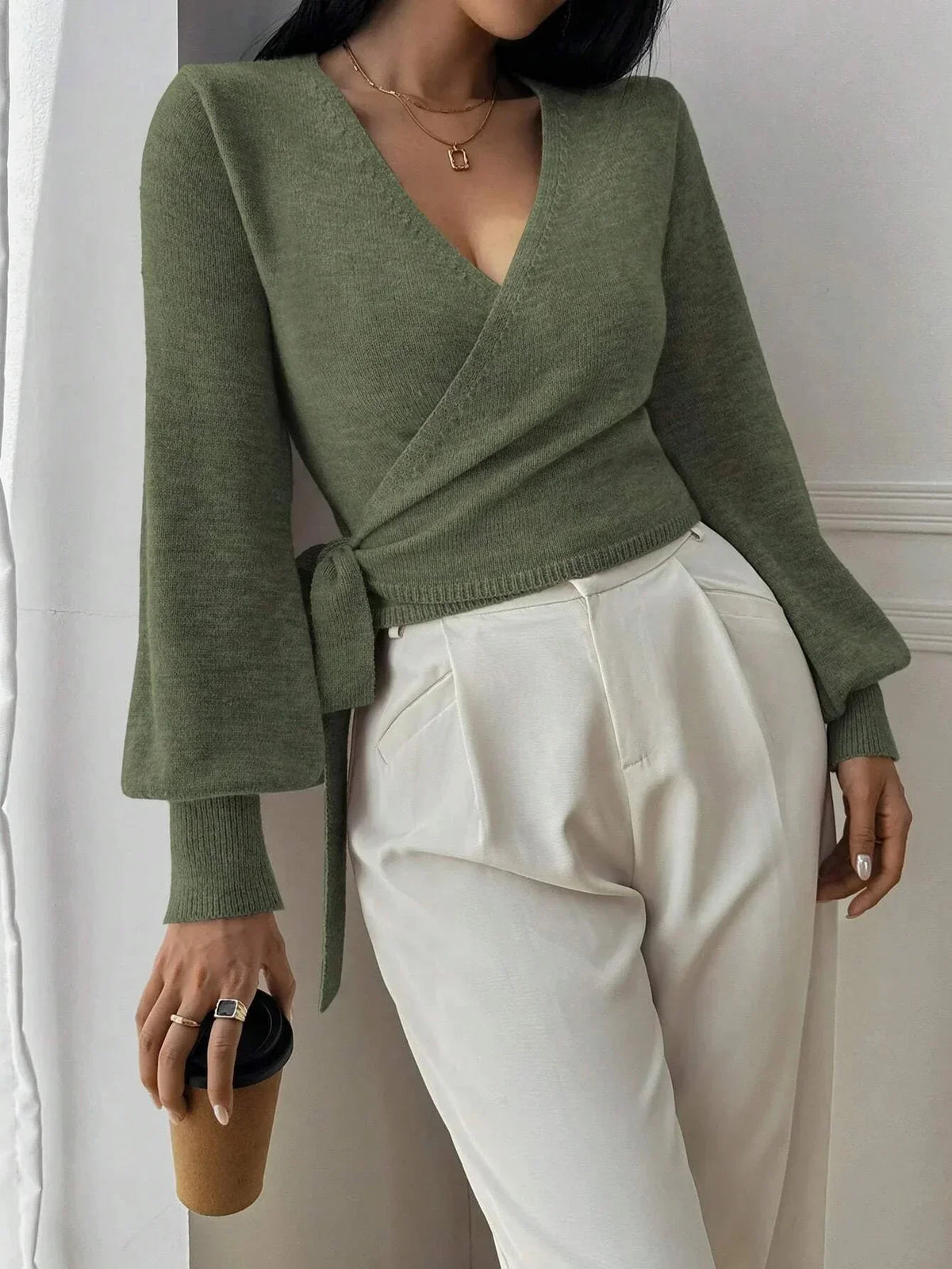 Women’s Elegant Wrap Sweater – Chic Modern Style with Puff Sleeves