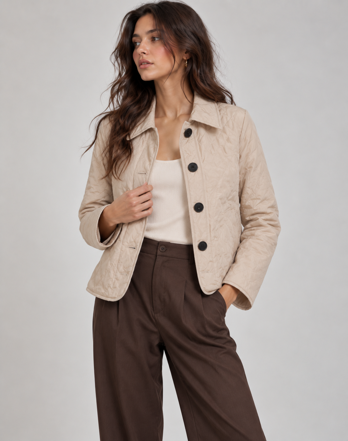 Women’s Quilted Button Jacket with Collar – Smart Transitional Outerwear