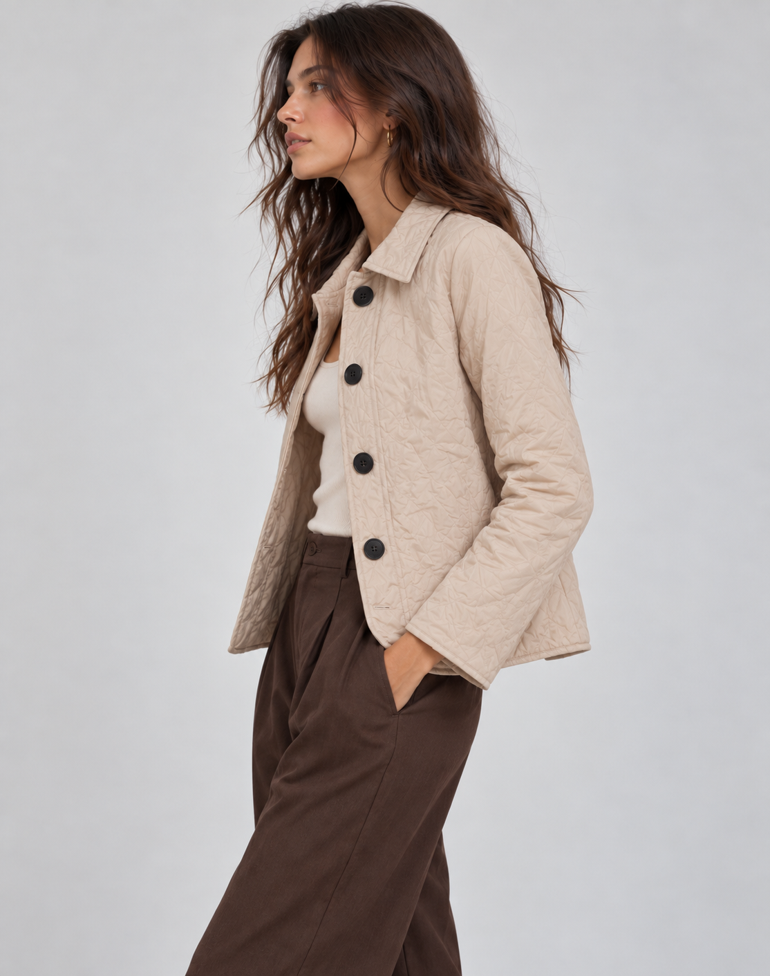 Women’s Quilted Button Jacket with Collar – Smart Transitional Outerwear