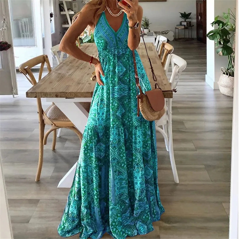 Women's Bohemian Print Maxi Dress – Sleeveless V Neck Summer Dress