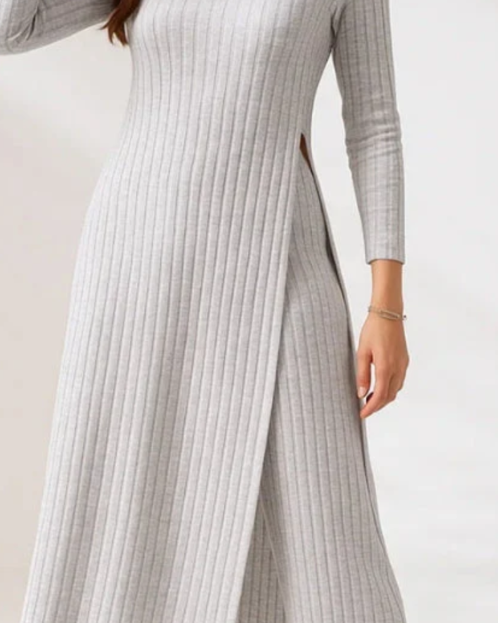 Women’s Ribbed Two-Piece Set – Split-Hem Longline Top and Wide-Leg Matching Pants