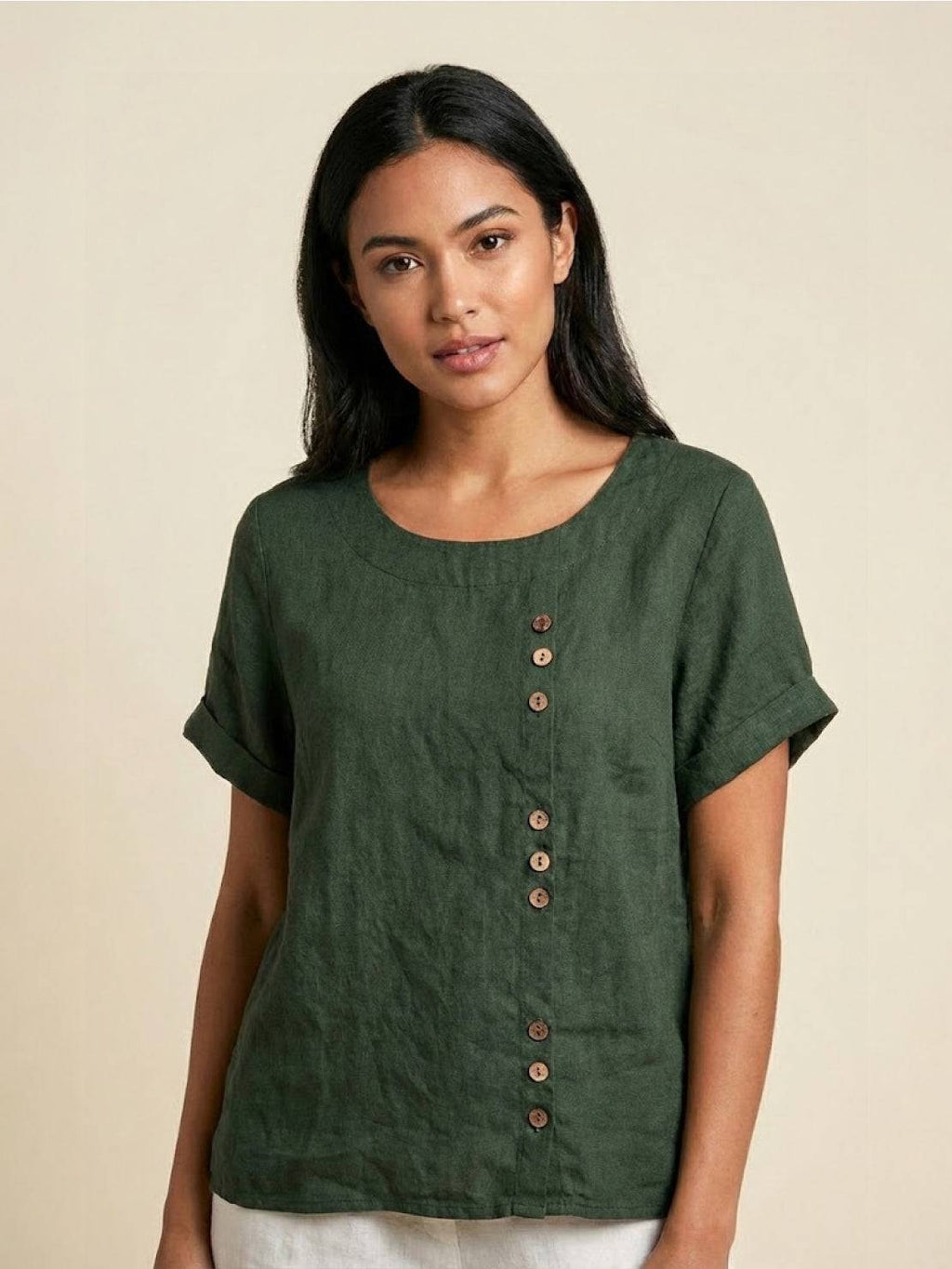 Women's Scoop Neck Short Sleeve Top – Button Detail Casual Everyday Shirt