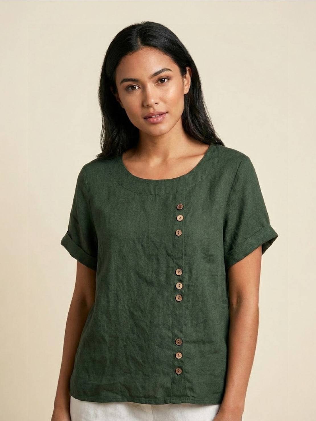 Women's Scoop Neck Short Sleeve Top – Button Detail Casual Everyday Shirt