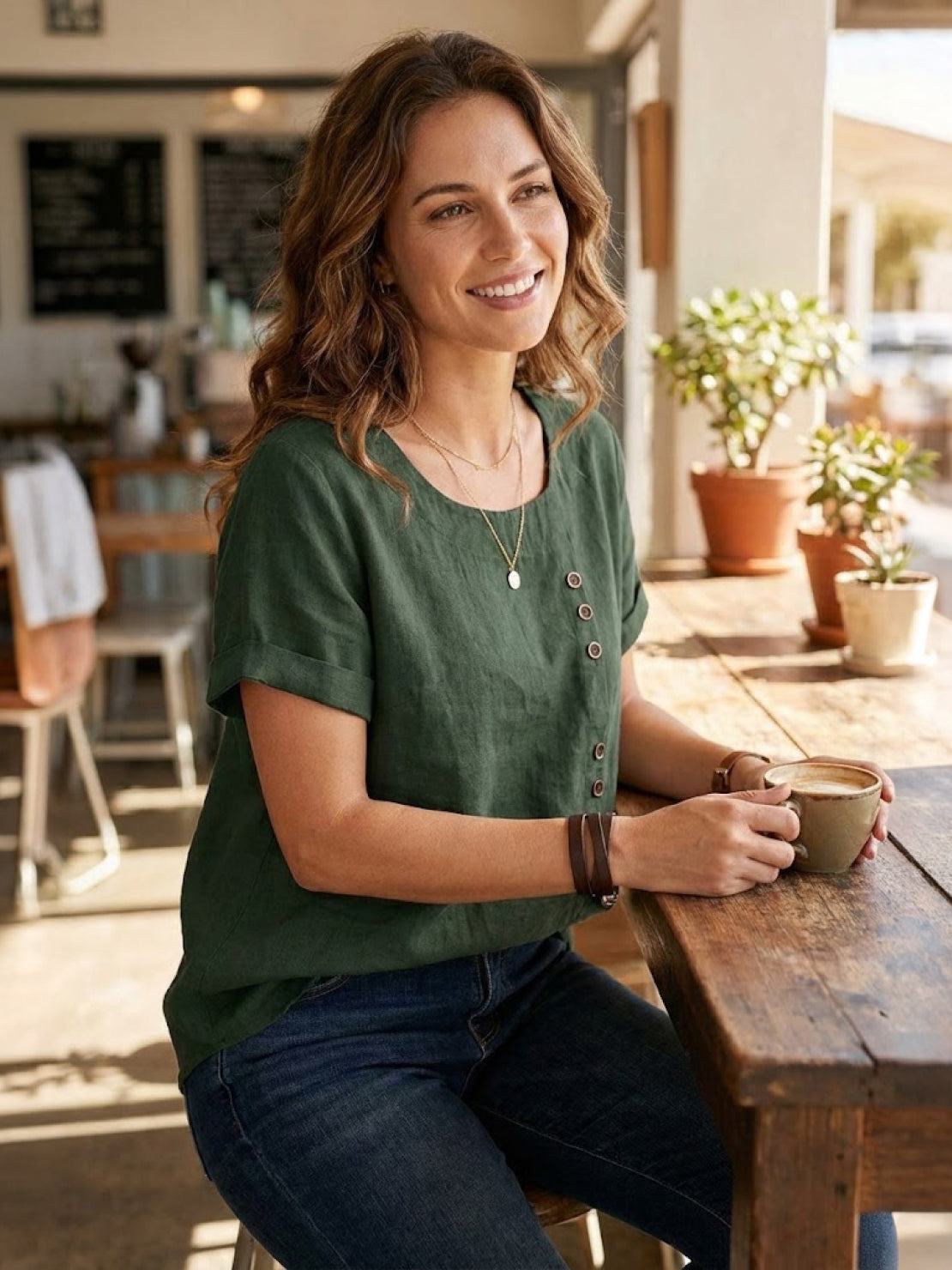 Women's Scoop Neck Short Sleeve Top – Button Detail Casual Everyday Shirt