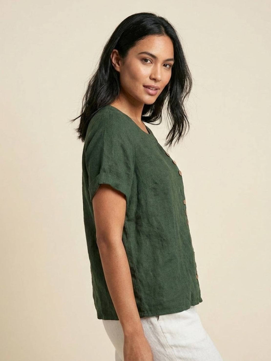 Women's Scoop Neck Short Sleeve Top – Button Detail Casual Everyday Shirt