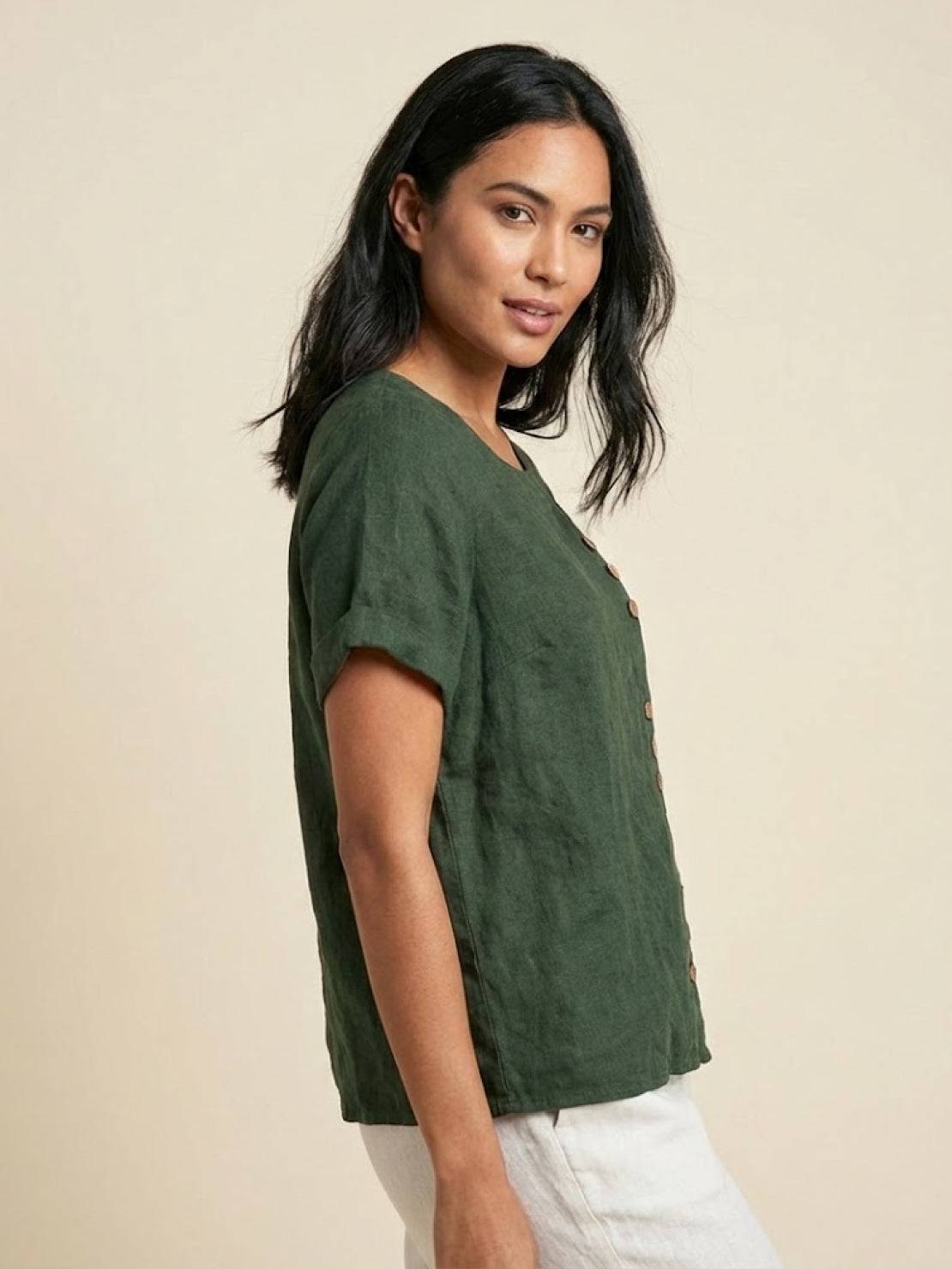 Women's Scoop Neck Short Sleeve Top – Button Detail Casual Everyday Shirt