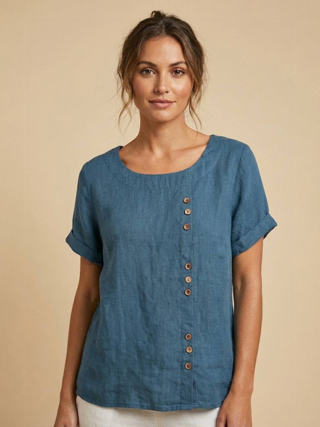 Women's Scoop Neck Short Sleeve Top – Button Detail Casual Everyday Shirt